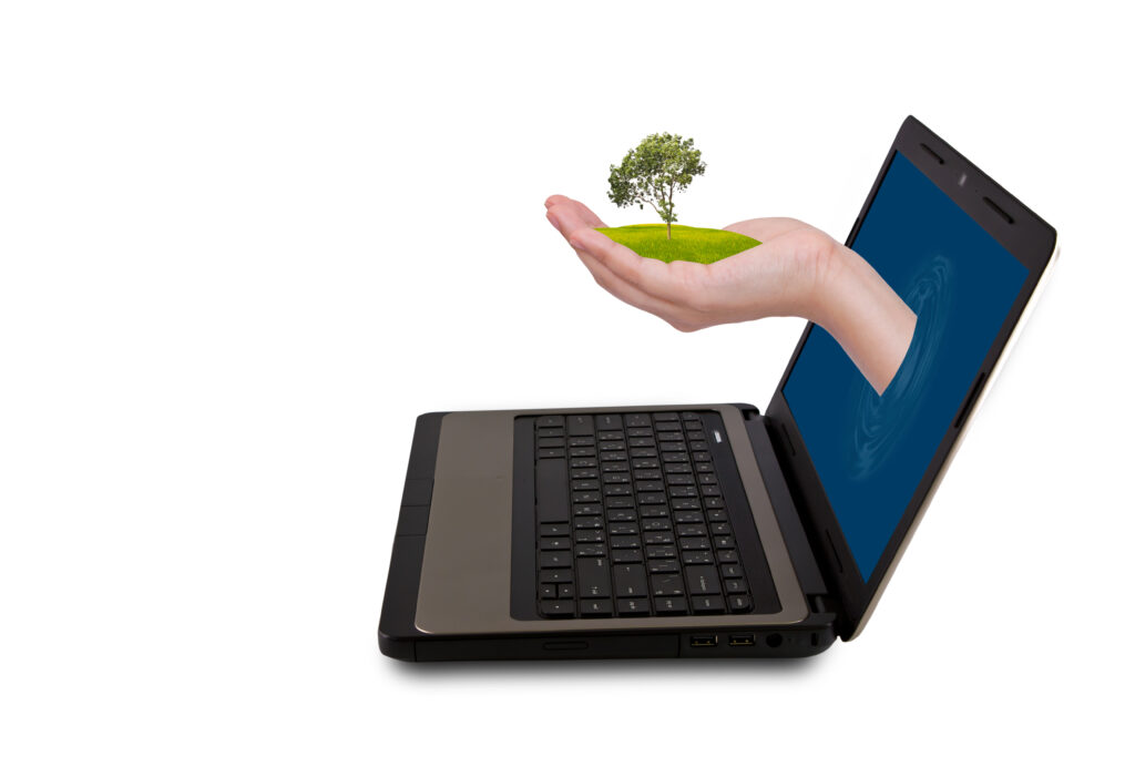 Illustration of efficient IT networks and lean software reducing carbon footprint for ESG goals