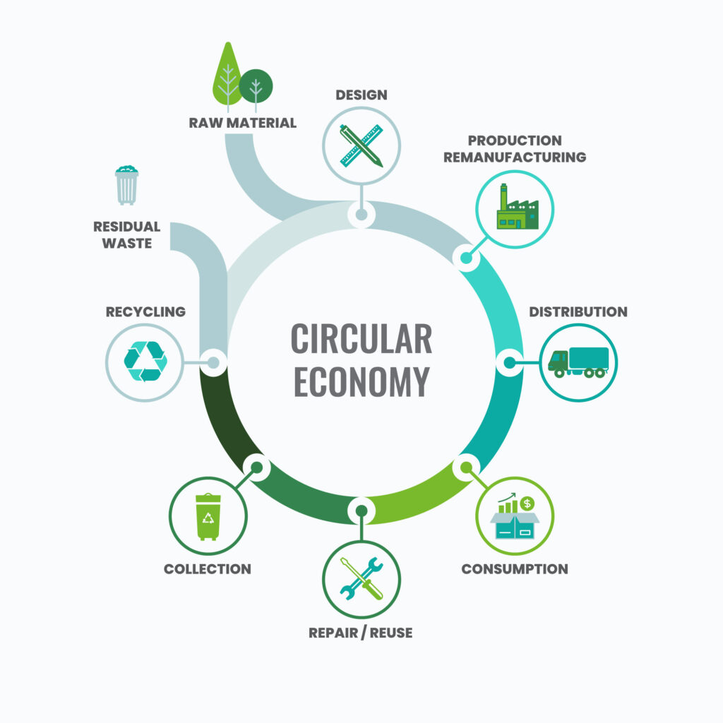 Diagram of the circular economy showing materials flowing in a loop through design, production, use, reuse, repair, and recycling