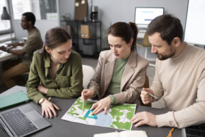 Supply chain sustainability analyst reviewing ESG and emissions data on laptop in office