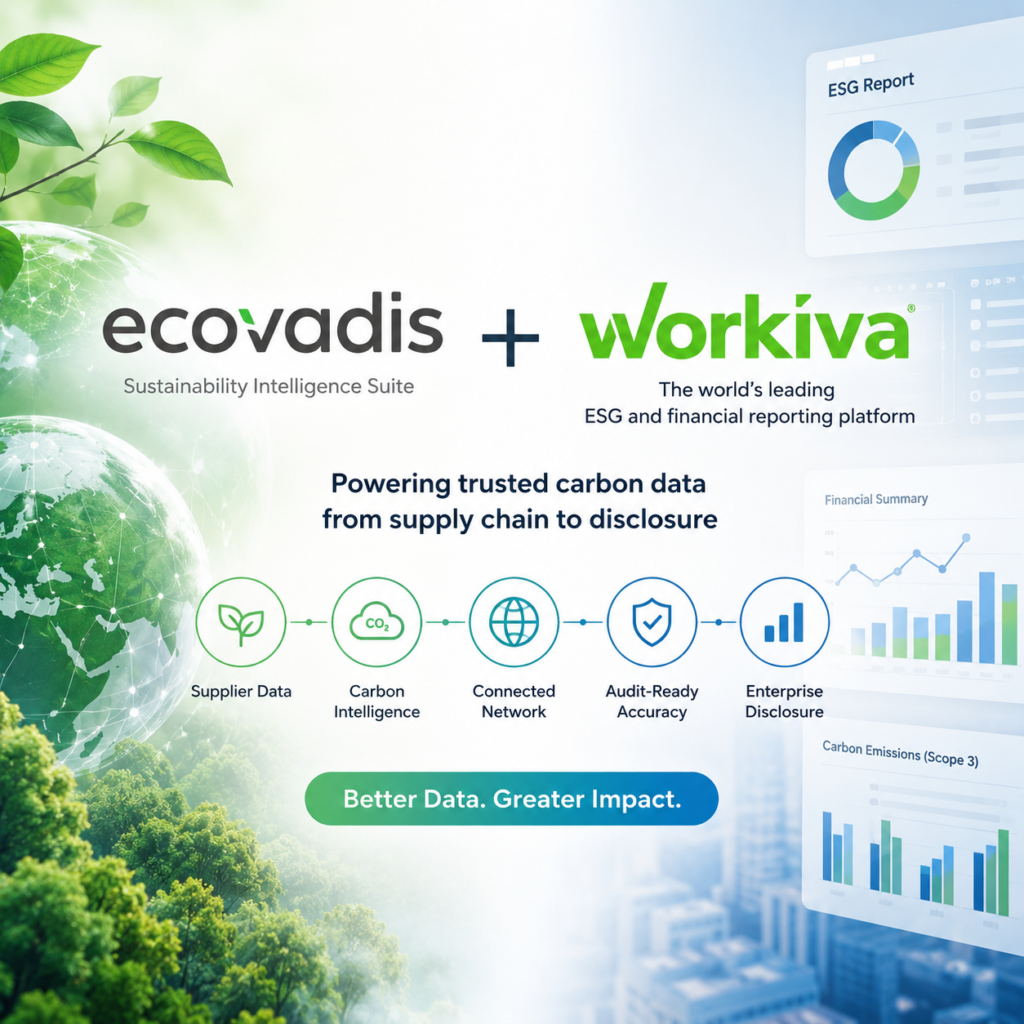 Merged EcoVadis and Workiva systems connected through a carbon data network showing supplier emissions flowing into enterprise reporting and disclosure dashboards