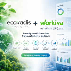 Merged EcoVadis and Workiva systems connected through a carbon data network showing supplier emissions flowing into enterprise reporting and disclosure dashboards
